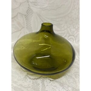 Empoli Italian Squat Bud Vase MCM Olive Green Hand Blown Glass Vintage